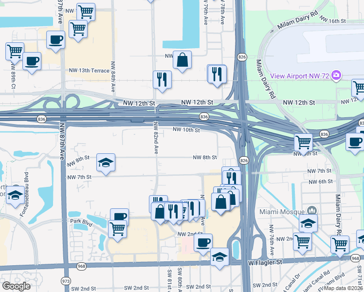 map of restaurants, bars, coffee shops, grocery stores, and more near 8087 Northwest 8th Street in Miami