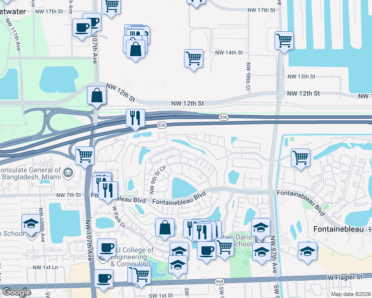 map of restaurants, bars, coffee shops, grocery stores, and more near 10155 Northwest 9th Street Circle in Miami