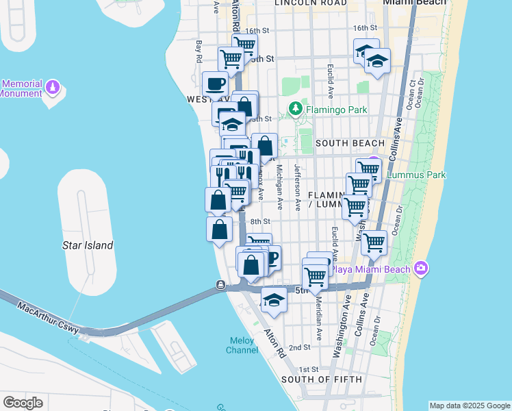 map of restaurants, bars, coffee shops, grocery stores, and more near 835 Alton Road in Miami Beach