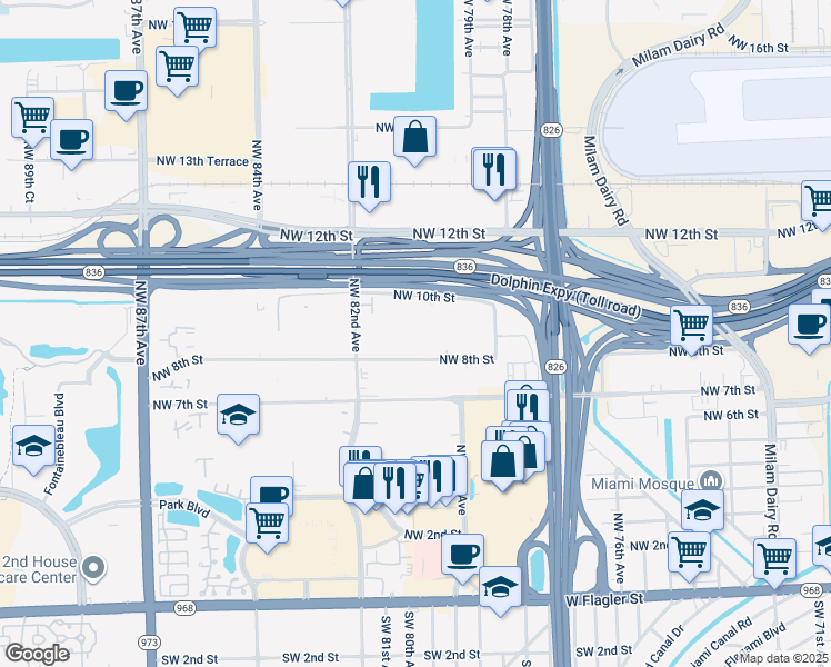 map of restaurants, bars, coffee shops, grocery stores, and more near 8087 Northwest 8th Street in Miami
