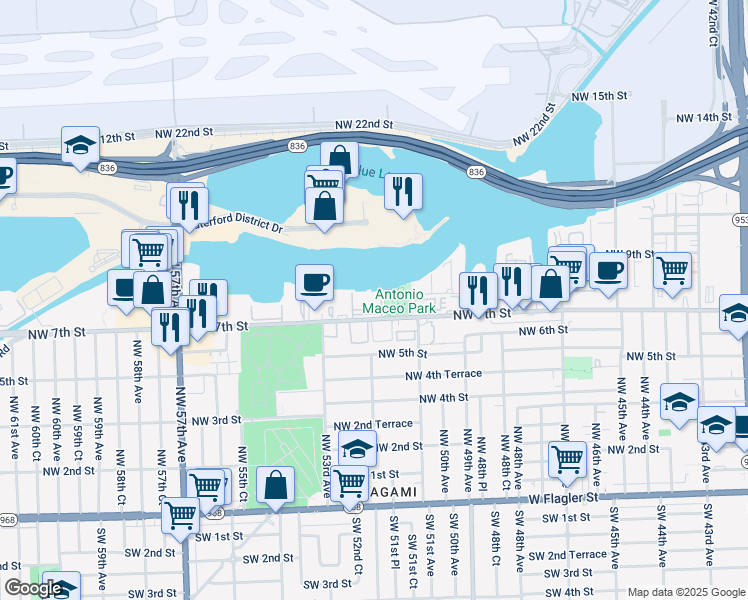 map of restaurants, bars, coffee shops, grocery stores, and more near 5151 Northwest 7th Street in Miami
