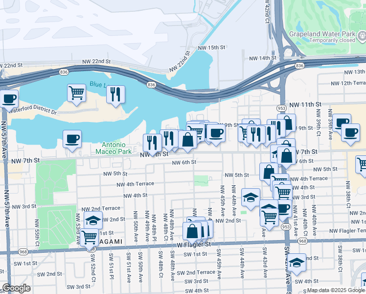map of restaurants, bars, coffee shops, grocery stores, and more near 4701 Northwest 7th Street in Miami