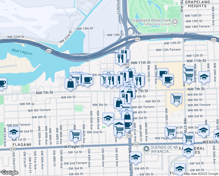 map of restaurants, bars, coffee shops, grocery stores, and more near 704 Northwest 43rd Avenue in Miami