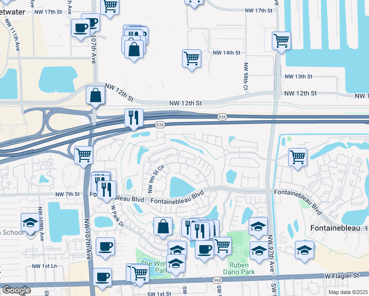 map of restaurants, bars, coffee shops, grocery stores, and more near 10155 Northwest 9th Street Circle in Miami