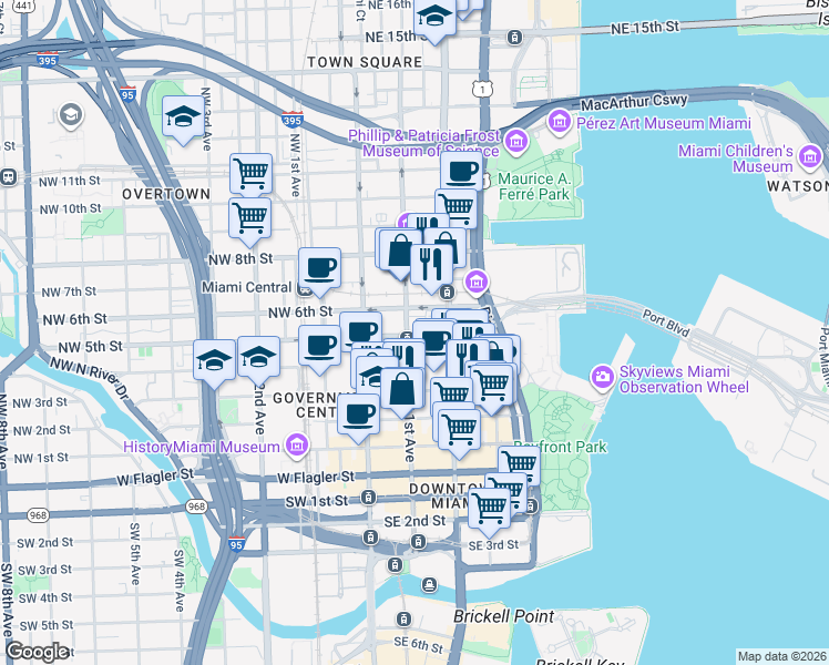 map of restaurants, bars, coffee shops, grocery stores, and more near 7 Northeast 5th Street in Miami