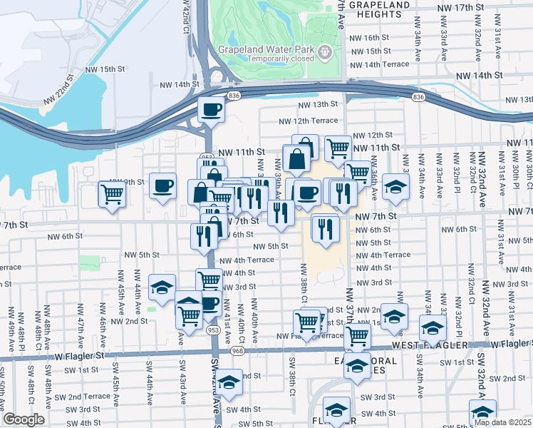 map of restaurants, bars, coffee shops, grocery stores, and more near 3925 Northwest 7th Street in Miami