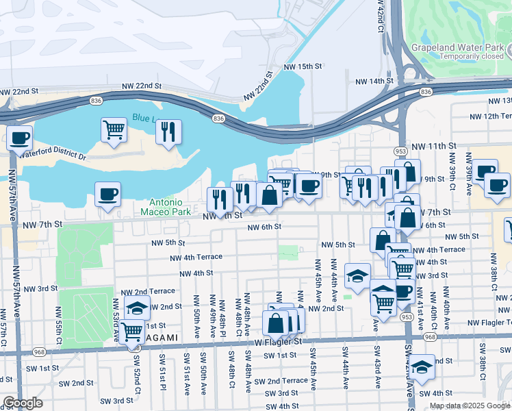map of restaurants, bars, coffee shops, grocery stores, and more near 4701 Northwest 7th Street in Miami