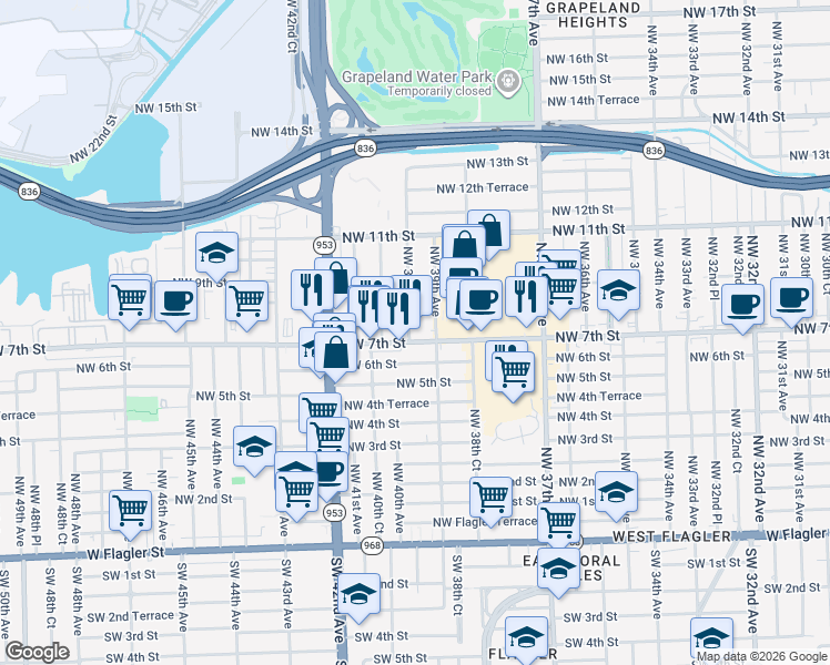 map of restaurants, bars, coffee shops, grocery stores, and more near 3925 Northwest 7th Street in Miami