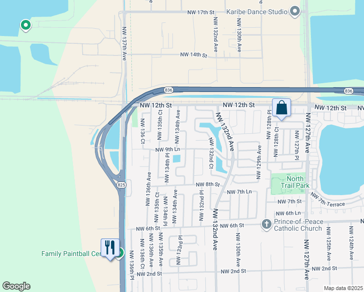 map of restaurants, bars, coffee shops, grocery stores, and more near 13355 Northwest 9th Lane in Miami