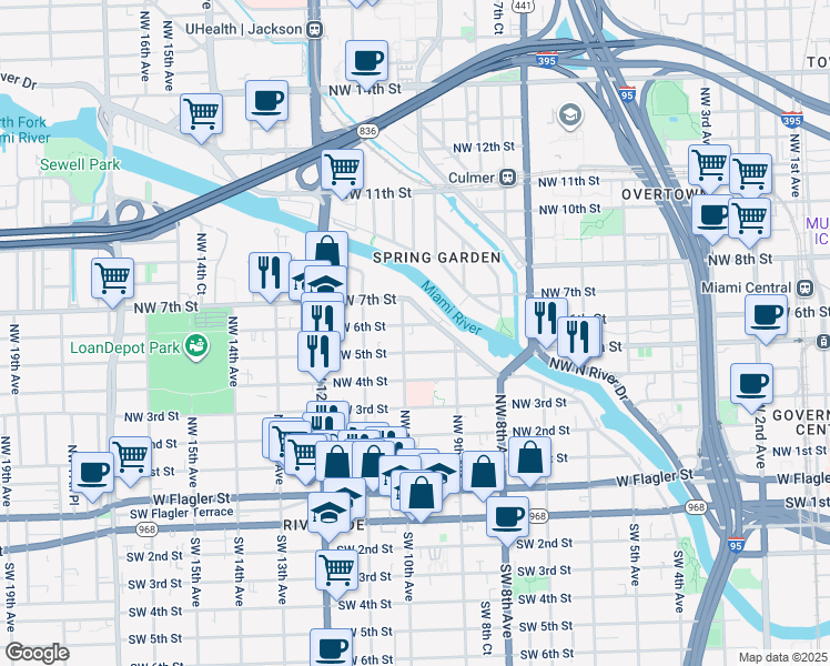 map of restaurants, bars, coffee shops, grocery stores, and more near 970 Northwest 6 Street in Miami