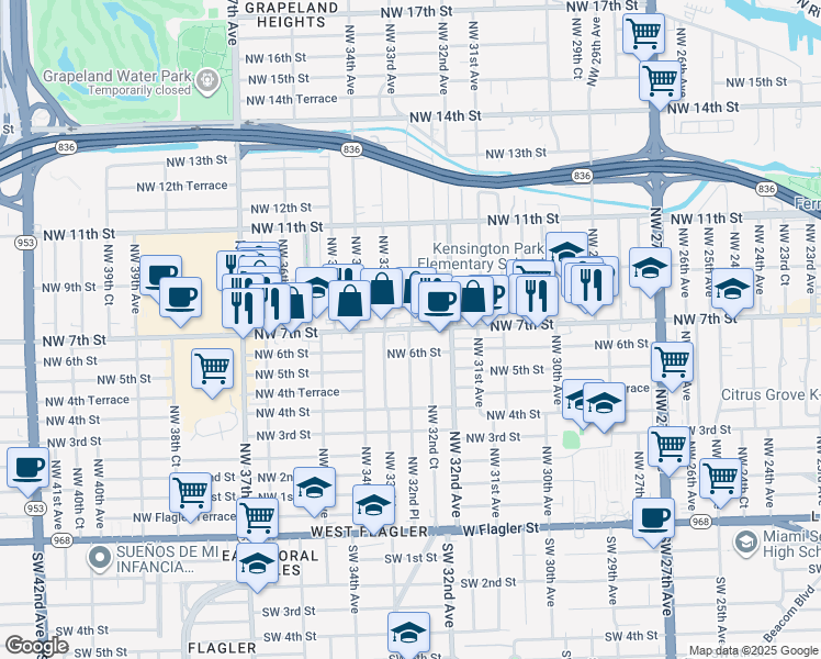 map of restaurants, bars, coffee shops, grocery stores, and more near NW 7th St & NW 32nd Pl in Miami
