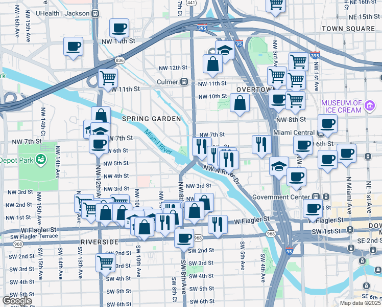 map of restaurants, bars, coffee shops, grocery stores, and more near 540 Northwest 7th Avenue in Miami