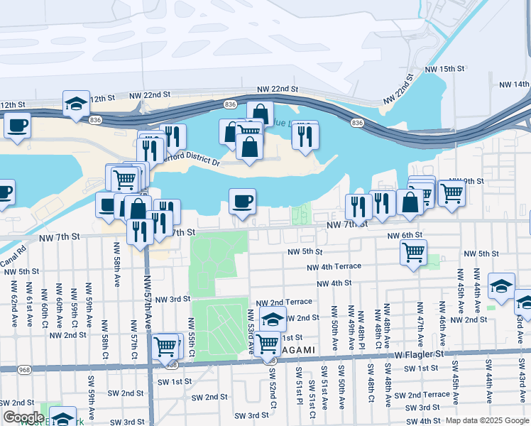 map of restaurants, bars, coffee shops, grocery stores, and more near 5249 Northwest 7th Street in Miami