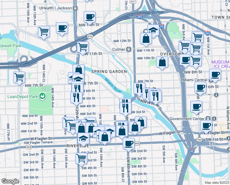 map of restaurants, bars, coffee shops, grocery stores, and more near 517 Northwest South River Drive in Miami