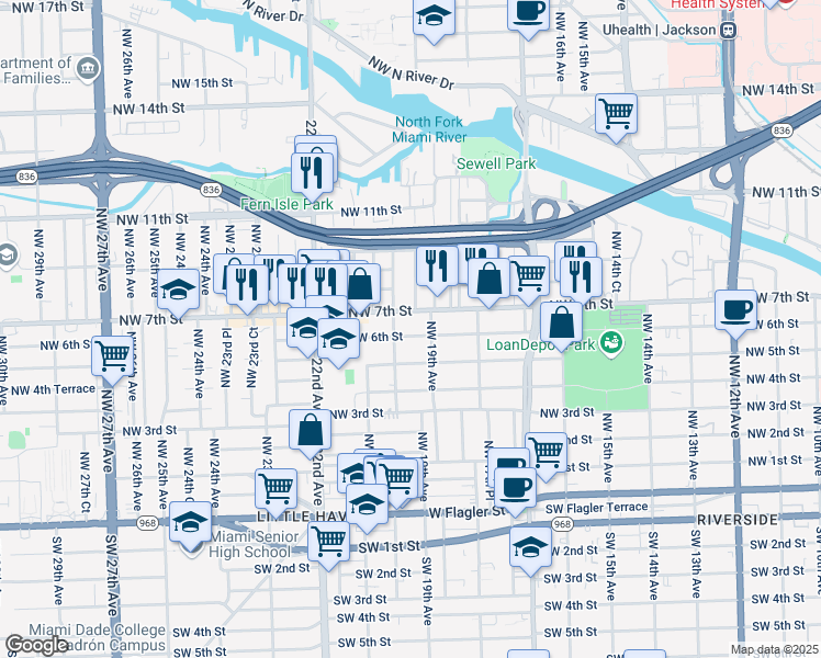 map of restaurants, bars, coffee shops, grocery stores, and more near 1937 Northwest 6th Street in Miami