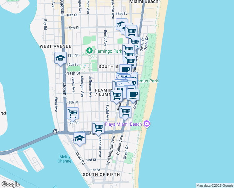 map of restaurants, bars, coffee shops, grocery stores, and more near 820 Jimmy Buffett Memorial Highway in Miami Beach