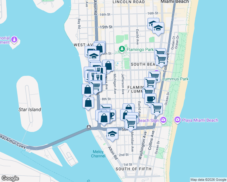 map of restaurants, bars, coffee shops, grocery stores, and more near in Miami Beach