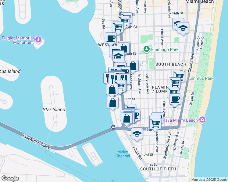 map of restaurants, bars, coffee shops, grocery stores, and more near 899 West Avenue in Miami Beach