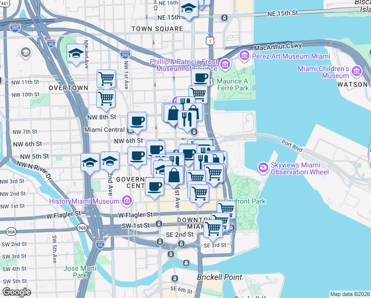 map of restaurants, bars, coffee shops, grocery stores, and more near 7 Northeast 5th Street in Miami