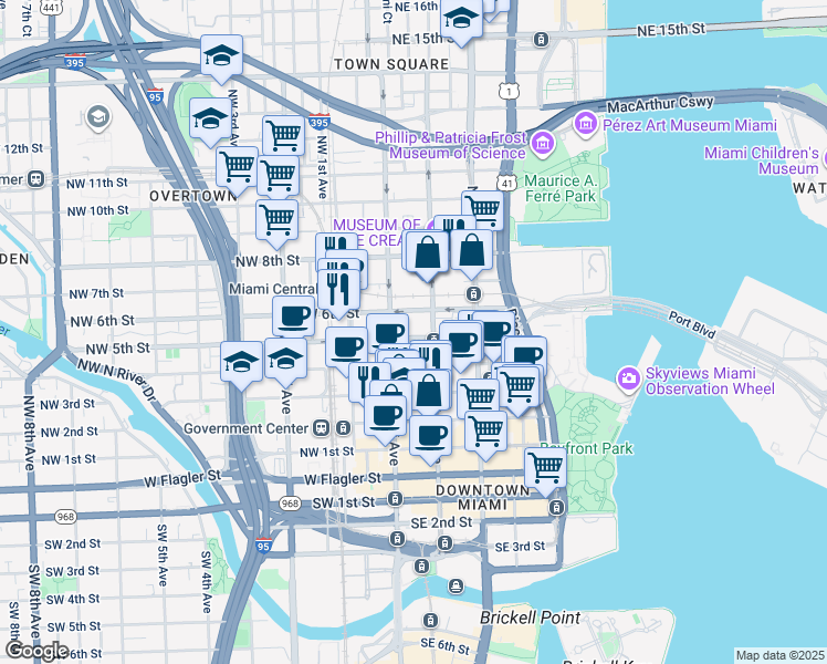 map of restaurants, bars, coffee shops, grocery stores, and more near 55 Northeast 5th Street in Miami