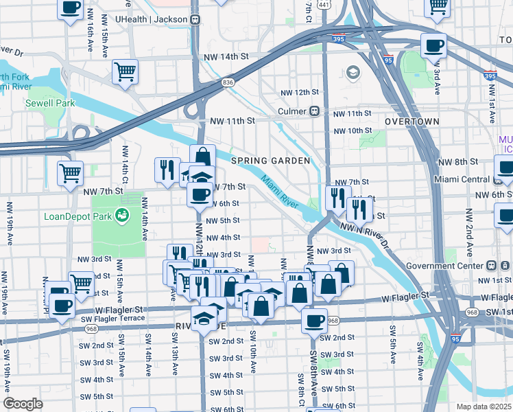 map of restaurants, bars, coffee shops, grocery stores, and more near 970 Northwest 6 Street in Miami