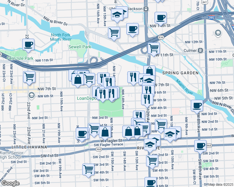 map of restaurants, bars, coffee shops, grocery stores, and more near 501 Marlins Way in Miami
