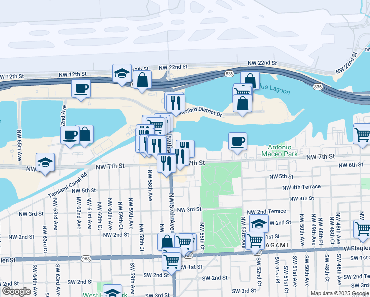map of restaurants, bars, coffee shops, grocery stores, and more near 777 Northwest 57th Avenue in Miami