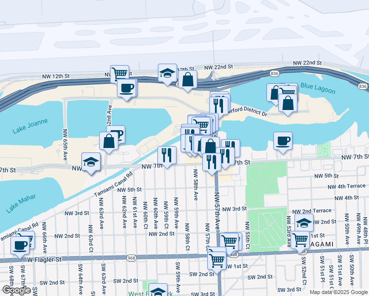 map of restaurants, bars, coffee shops, grocery stores, and more near 5755 Northwest 7th Street in Miami