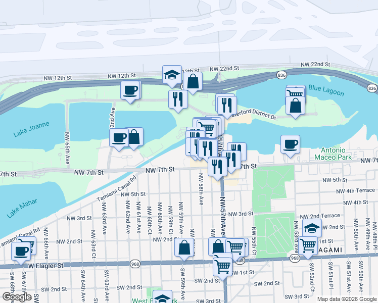 map of restaurants, bars, coffee shops, grocery stores, and more near 5849 Northwest 7th Street in Miami