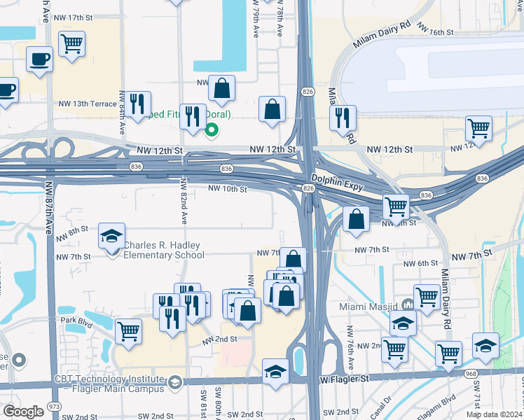 map of restaurants, bars, coffee shops, grocery stores, and more near 960 Northwest 78th Avenue in Miami