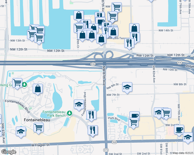 map of restaurants, bars, coffee shops, grocery stores, and more near 820 Northwest 87th Avenue in Miami