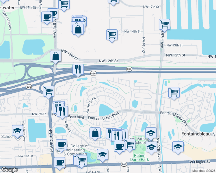 map of restaurants, bars, coffee shops, grocery stores, and more near 10155 Northwest 9th Street Circle in Miami