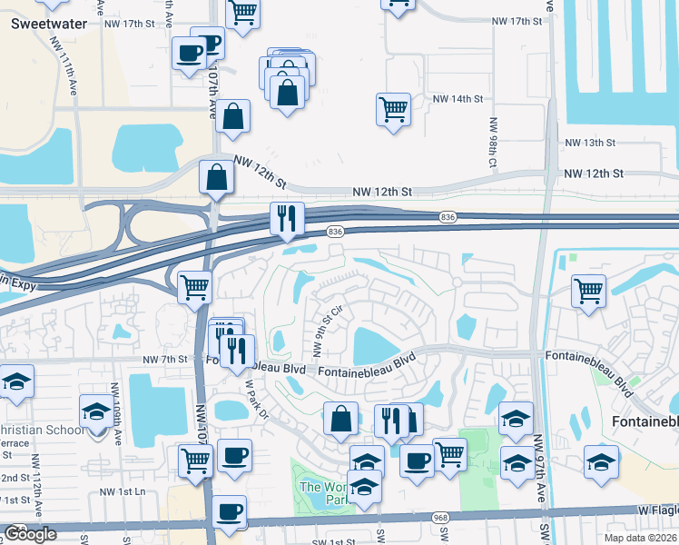 map of restaurants, bars, coffee shops, grocery stores, and more near 10255 Northwest 9th Street Circle in Miami