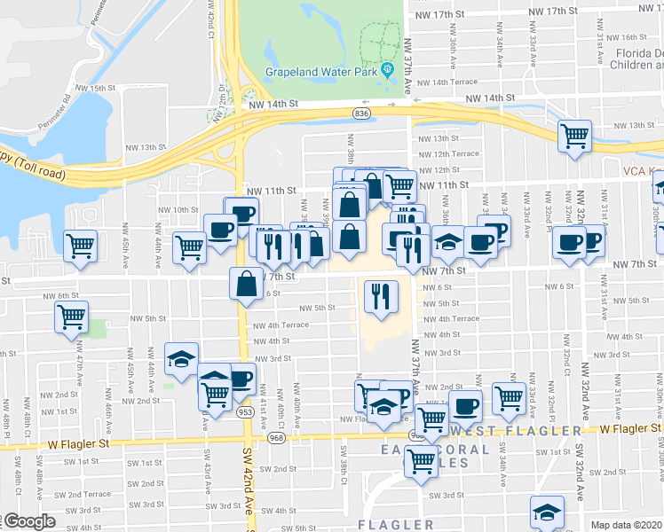 map of restaurants, bars, coffee shops, grocery stores, and more near 3899 Northwest 7th Street in Miami