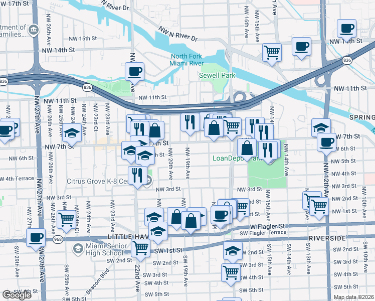 map of restaurants, bars, coffee shops, grocery stores, and more near 1864 Northwest 6 Street in Miami