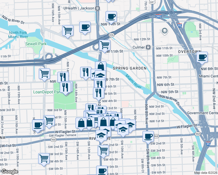 map of restaurants, bars, coffee shops, grocery stores, and more near 1142 Northwest 6 Street in Miami