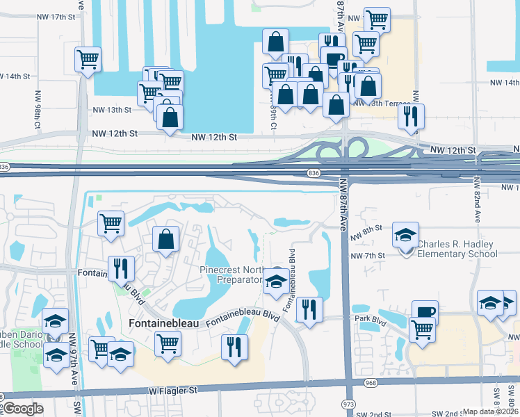 map of restaurants, bars, coffee shops, grocery stores, and more near 9020 Northwest 8th Street in Miami