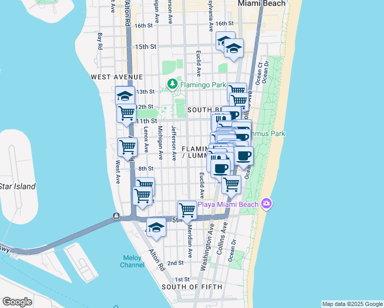 map of restaurants, bars, coffee shops, grocery stores, and more near 835 Meridian Avenue in Miami Beach