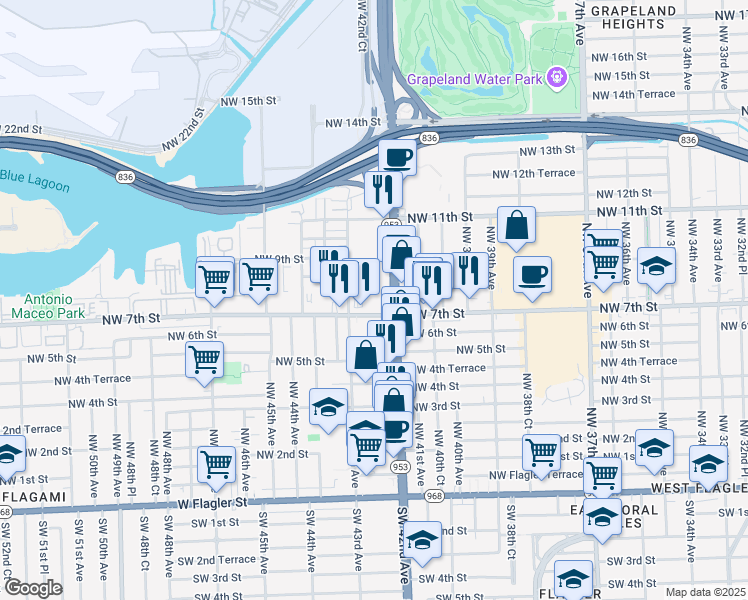 map of restaurants, bars, coffee shops, grocery stores, and more near 782 Northwest 42nd Avenue in Miami