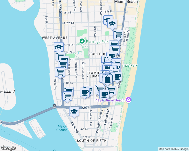 map of restaurants, bars, coffee shops, grocery stores, and more near 848 Euclid Avenue in Miami Beach