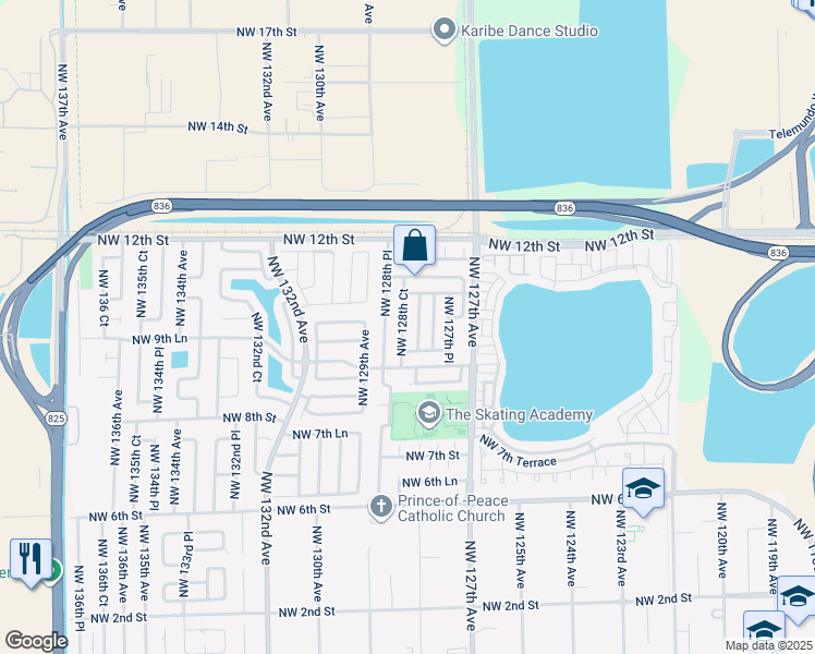 map of restaurants, bars, coffee shops, grocery stores, and more near 1025 Northwest 128th Court in Miami