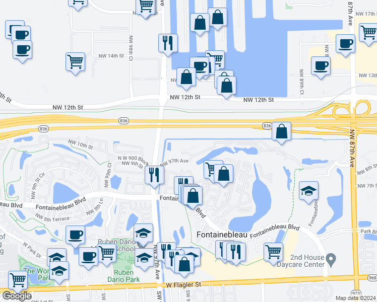 map of restaurants, bars, coffee shops, grocery stores, and more near 925 Northwest 97th Avenue in Miami
