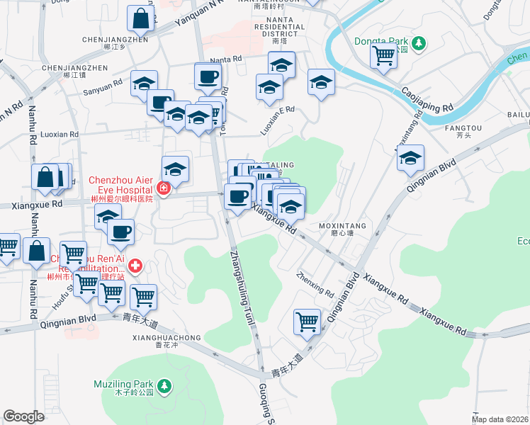 map of restaurants, bars, coffee shops, grocery stores, and more near Xiang Xue Lu in Chen Zhou Shi