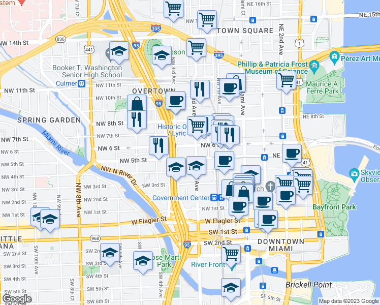 map of restaurants, bars, coffee shops, grocery stores, and more near 500 Northwest 2nd Avenue in Miami