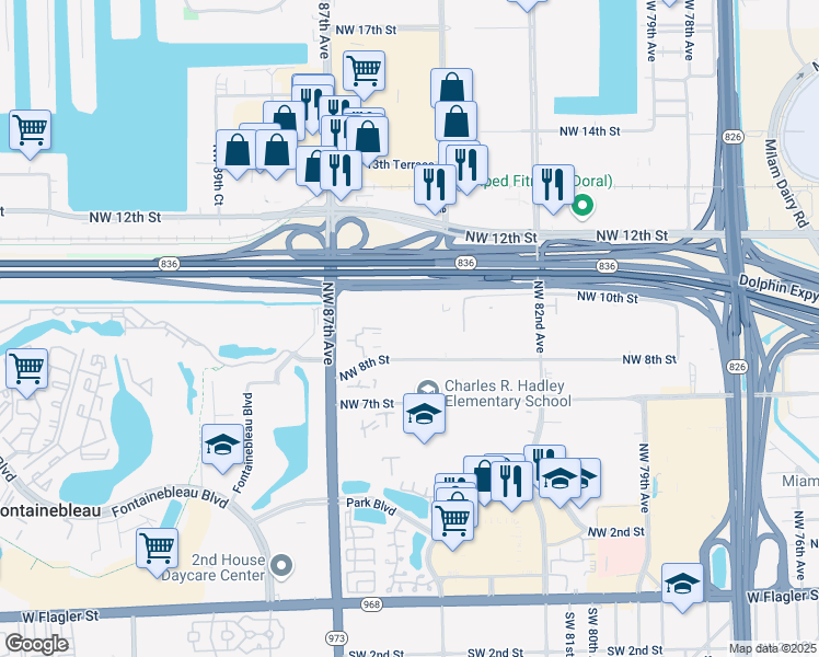 map of restaurants, bars, coffee shops, grocery stores, and more near 8405 Northwest 8th Street in Miami