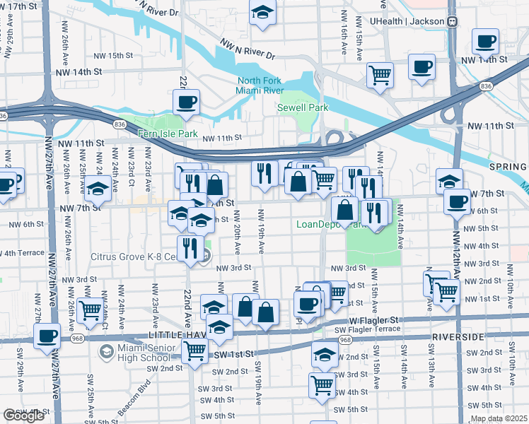 map of restaurants, bars, coffee shops, grocery stores, and more near 1864 Northwest 6 Street in Miami