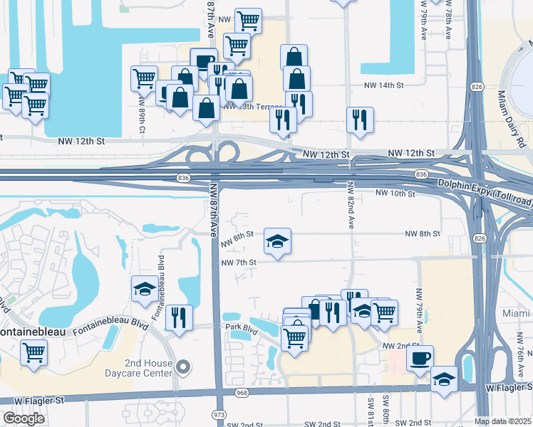 map of restaurants, bars, coffee shops, grocery stores, and more near 8405 Northwest 8th Street in Miami