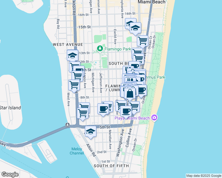 map of restaurants, bars, coffee shops, grocery stores, and more near in Miami Beach