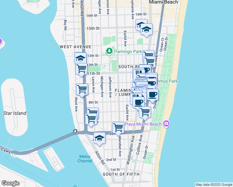 map of restaurants, bars, coffee shops, grocery stores, and more near in Miami Beach