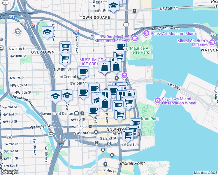map of restaurants, bars, coffee shops, grocery stores, and more near 7 Northeast 5th Street in Miami